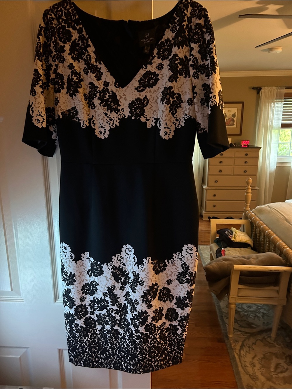 Adrianna Papell Black and White Lace-Print V-Neck Midi Dress